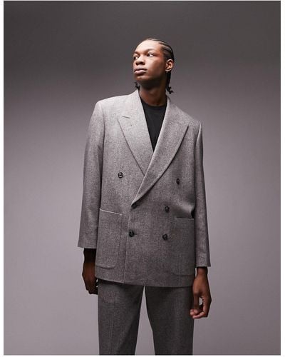 TOPMAN Premium Limited Edition Boxy Oversized Herringbone Wool Suit Blazer - Black