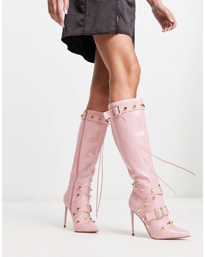 Steve Madden Finkle Studded Strap Heeled Knee Boots - Pink