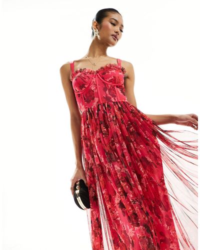 LACE & BEADS Robe mi-longue style corset en tulle à imprimé fleuri - et rouge