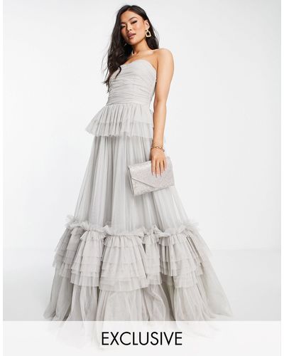 LACE & BEADS Exclusive Strapless Tulle Maxi Dress - Grey