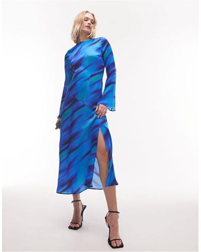 TOPSHOP Long Sleeve Seam Detail Maxi Occasion Dress - Blue
