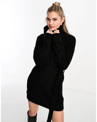 ASOS Knitted Belted Mini Dress With Roll Neck - Black
