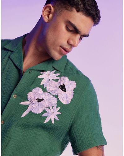 ASOS Relaxed Revere Crinkle Shirt With Floral Hand Embroidered Applique - Green
