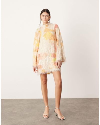 ASOS Print And Sequin High Neck Mini Dress With Fringe - Natural