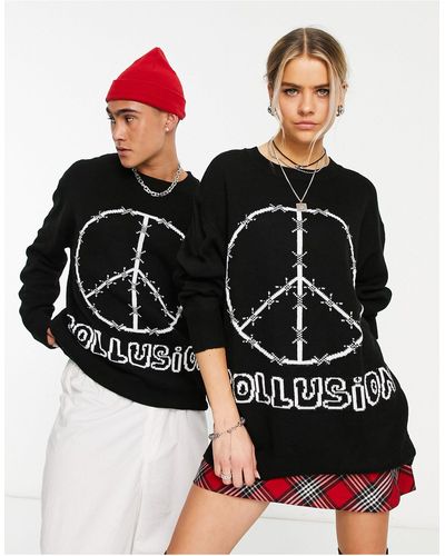 Collusion Unisex Knitted Jacquard Branded Oversized Jumper - White