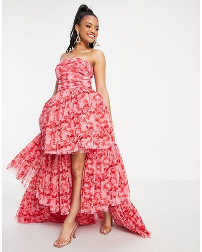 LACE & BEADS Exclusivité - - robe longue en tulle à ourlet asymétrique - rouge fleuri