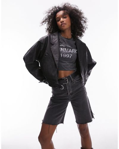 TOPSHOP Cropped Real Leather Jacket - Black