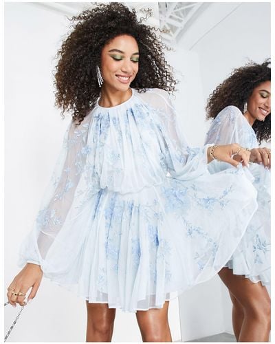 ASOS Floral Embroidered Mesh Mini Dress With Blouson Sleeve - Blue