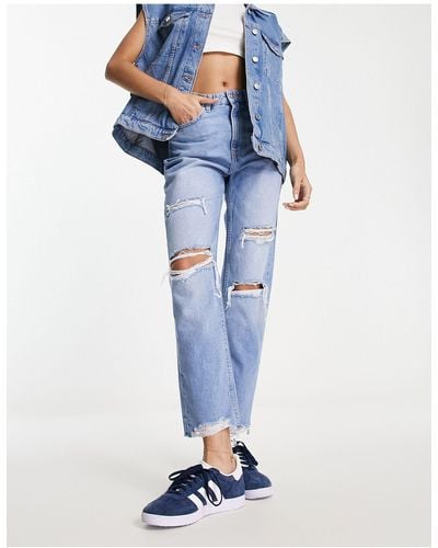 Bershka Comfort Fit Mom Jean With Rips - Blue