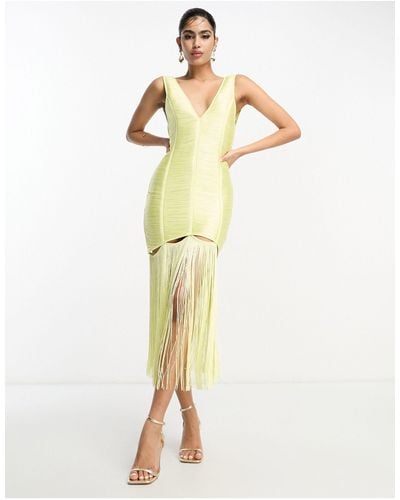 ASOS Fringe Shift Midi Dress With Cut Out Detail - Yellow