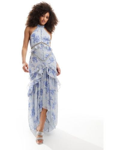 ASOS Robe longue volantée dos nu à imprimé fleurs vintage avec empiècements en dentelle et bordures festonnées - Bleu