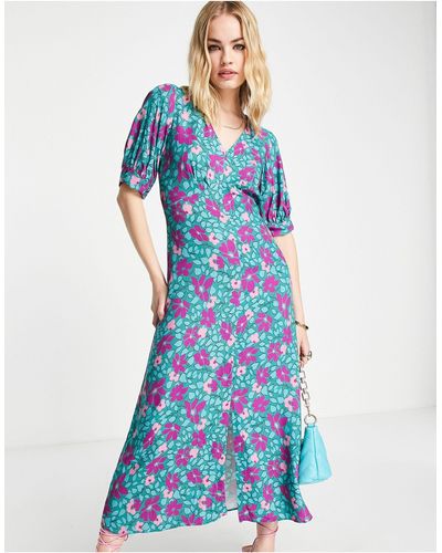 Closet Midi-jurk Met V-hals En Bloemenprint - Blauw