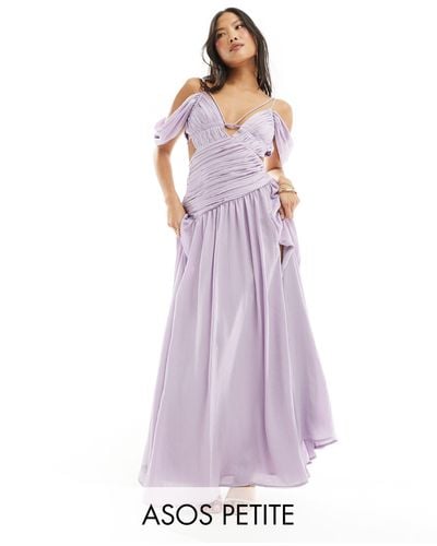 ASOS Asos Design Petite Ruched Fallen Shoulder Cut Out Maxi Dress - Purple