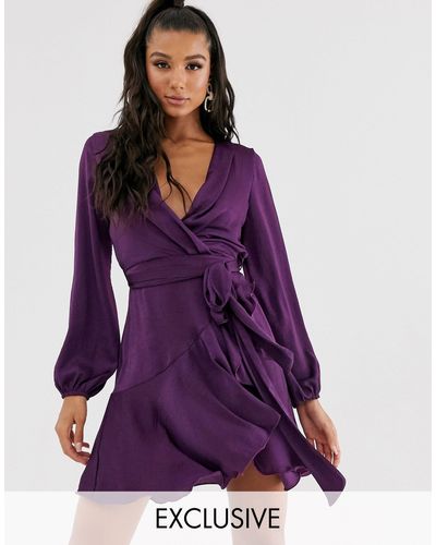 Flounce London Satin Mini Wrap Dress - Purple