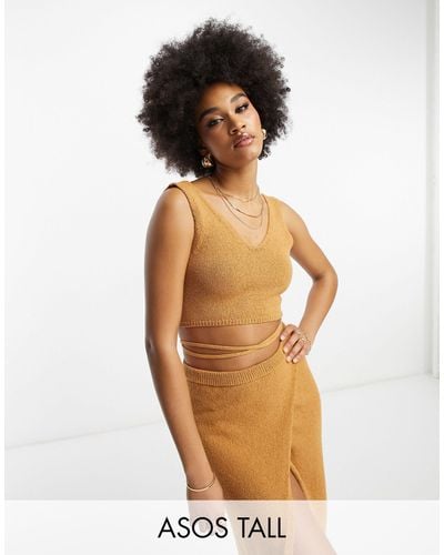 ASOS Asos Design Tall Knitted Crop Top With Tie Back - Brown