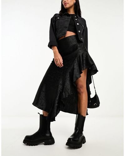 Miss Selfridge Satin Jacquard Asym Ruffle Maxi Skirt - Black