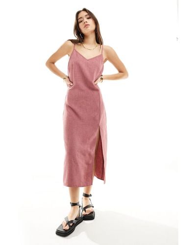 Vila Linen Touch Cami Midi Dress With Slit Front - Pink