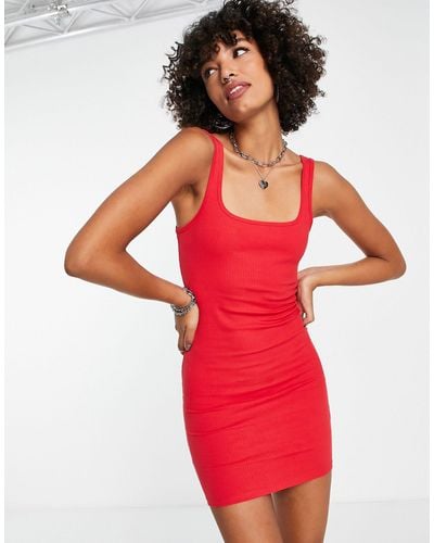 Bershka Ribbed Jersey Mini Dress - Red