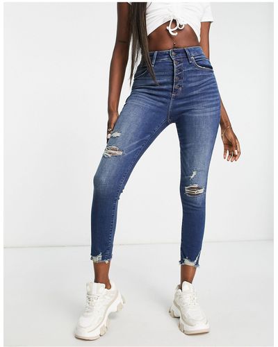 Abercrombie & Fitch Jeans Met Zichtbare Distressed Zoom En Hoge Taille - Blauw