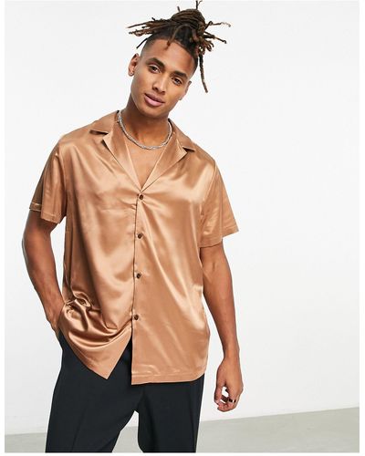 ASOS Relaxed Satin Shirt With Deep Revere Collar - Brown