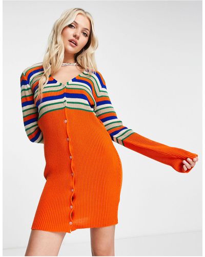Daisy Street Robe courte en maille boutonnée à rayures - Orange