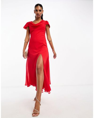 ASOS Chiffon Cowl Neck Midi Dress With Puff Sleeves And Asymmetric Hem - Red
