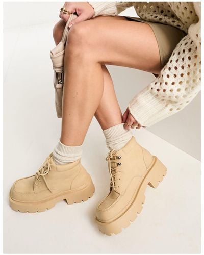 Truffle Collection Chunky Square Toe Lace Up Boots - Natural