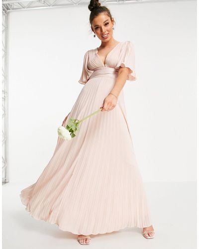 ASOS Bridesmaid Pleated Flutter Sleeve Maxi Dress With Satin Wrap Waist - Pink