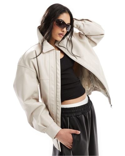 ASOS Faux Leather Bomber Jacket With Collar - White