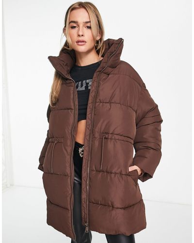 Monki Padded Coat With Drawstring Waist - Brown