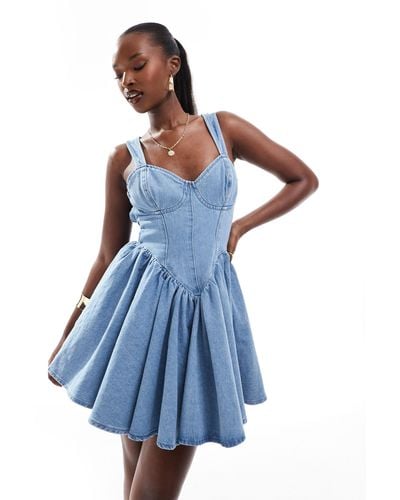 ASOS Denim Corseted Skater Mini Dress With Bow Back - Blue