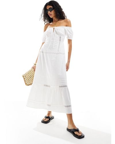 ASOS Off Shoulder Midi Dress With Pintucks & Crochet Trims - White