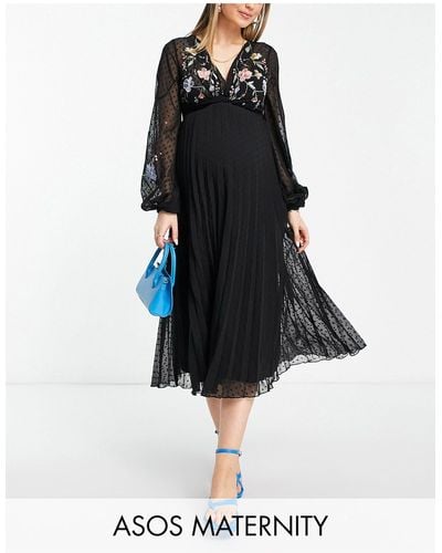 ASOS Asos Design Maternity Dobby Twist Front Pleated Midi Dress With All Over Embroidery - Black