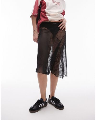 TOPSHOP Sheer Dobby Mesh Panelled 90s Length Skirt - Black