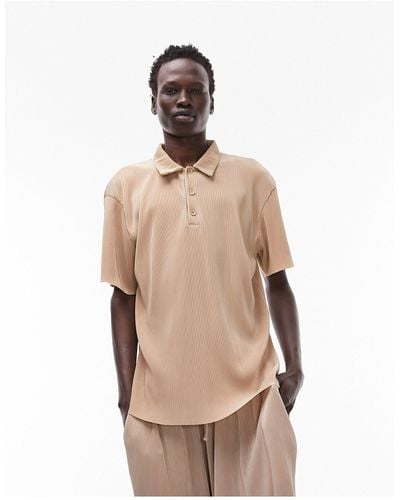 TOPMAN Oversized Fit Plisse Polo - Natural