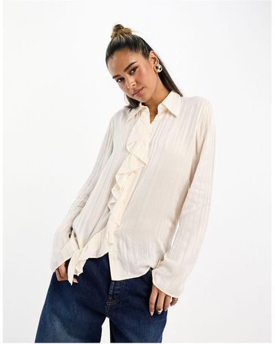 & Other Stories Sheer Stripe Shirt With Ruffle Front - Blue