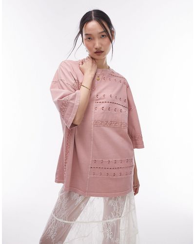 TOPSHOP T-shirt oversize all'uncinetto - Rosa