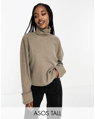 ASOS Asos Design Tall Super Soft Roll Neck Sweater With Cuff Detail - Natural
