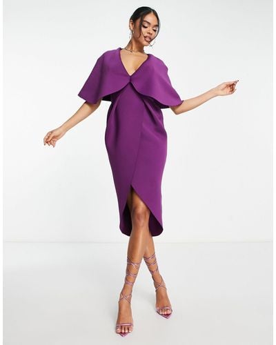 ASOS Cape Detail Pleated Wrap Midi Dress - Purple