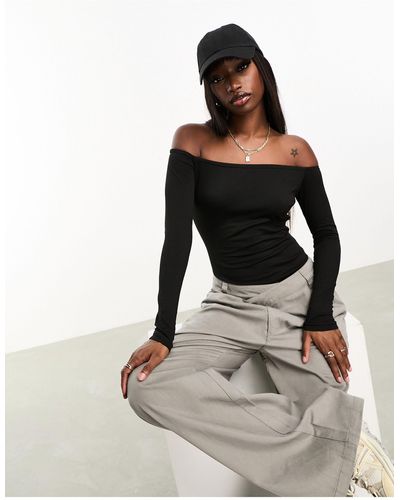 Naanaa Double Lined Long Sleeve Bardot Bodysuit - Black