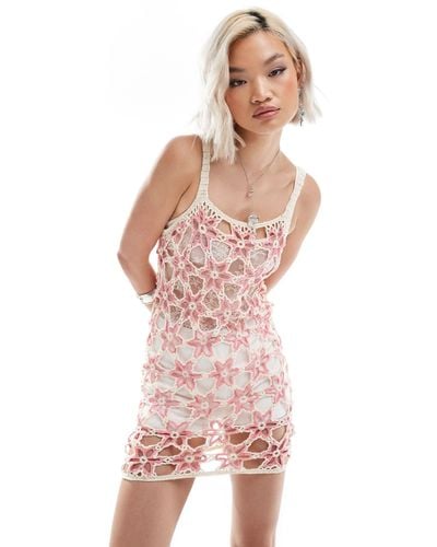 Reclaimed (vintage) Limited Edition Floral Crochet Knit Mini Dress With Hem - Pink