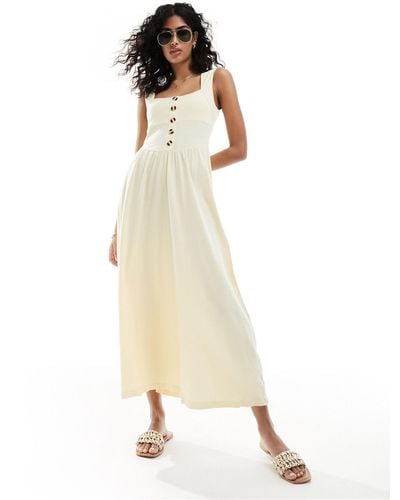 ASOS Square Neck Midi Sundress With Button Detail - Natural