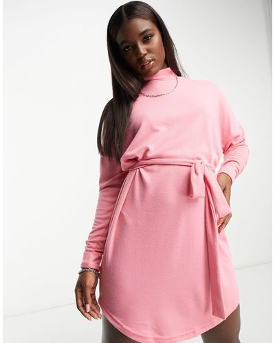 Noisy May Exclusive Tie Waist High Neck Knit Mini Dress - Pink
