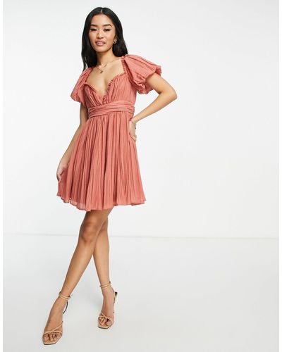 ASOS Plisse Mini Dress With Puff Sleeve - Pink