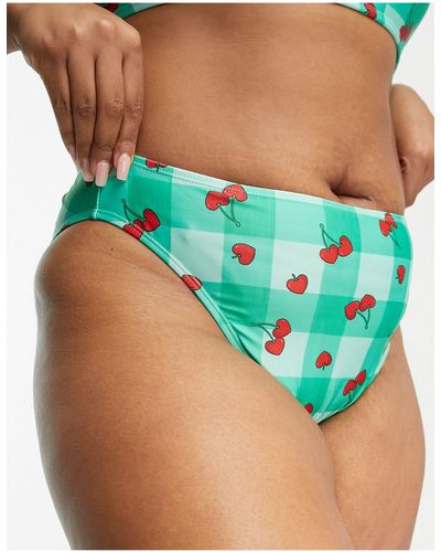 Brave Soul Plus - slip bikini a vita alta chiaro a quadri con stampa di ciliegie - Blu