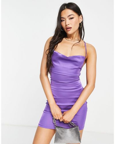 Naanaa Satin Cowl Neck Mini Dress - Purple