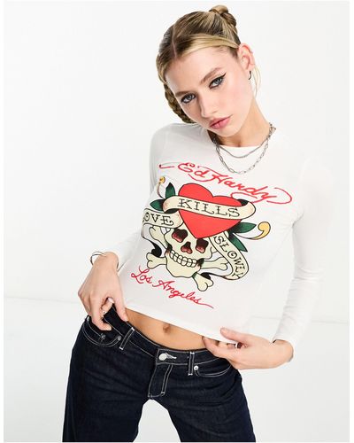 Ed Hardy Fitted Crop Long Sleeve Top With Red Skull Print - White