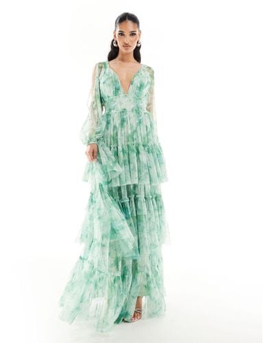 LACE & BEADS Sheer Sleeve Tulle Maxi Dress - Green