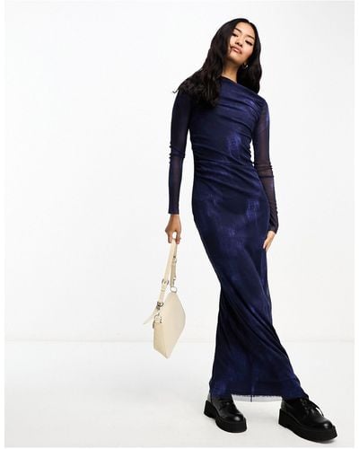 Pull&Bear Long Sleeve Mesh Maxi Dress - Blue