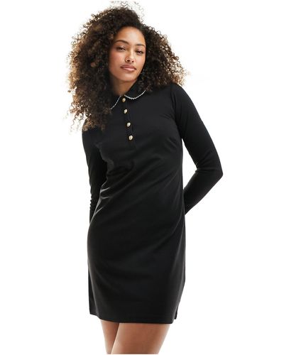 New Look Collared Long Sleeve Mini Dress With Pearl Detail - Black